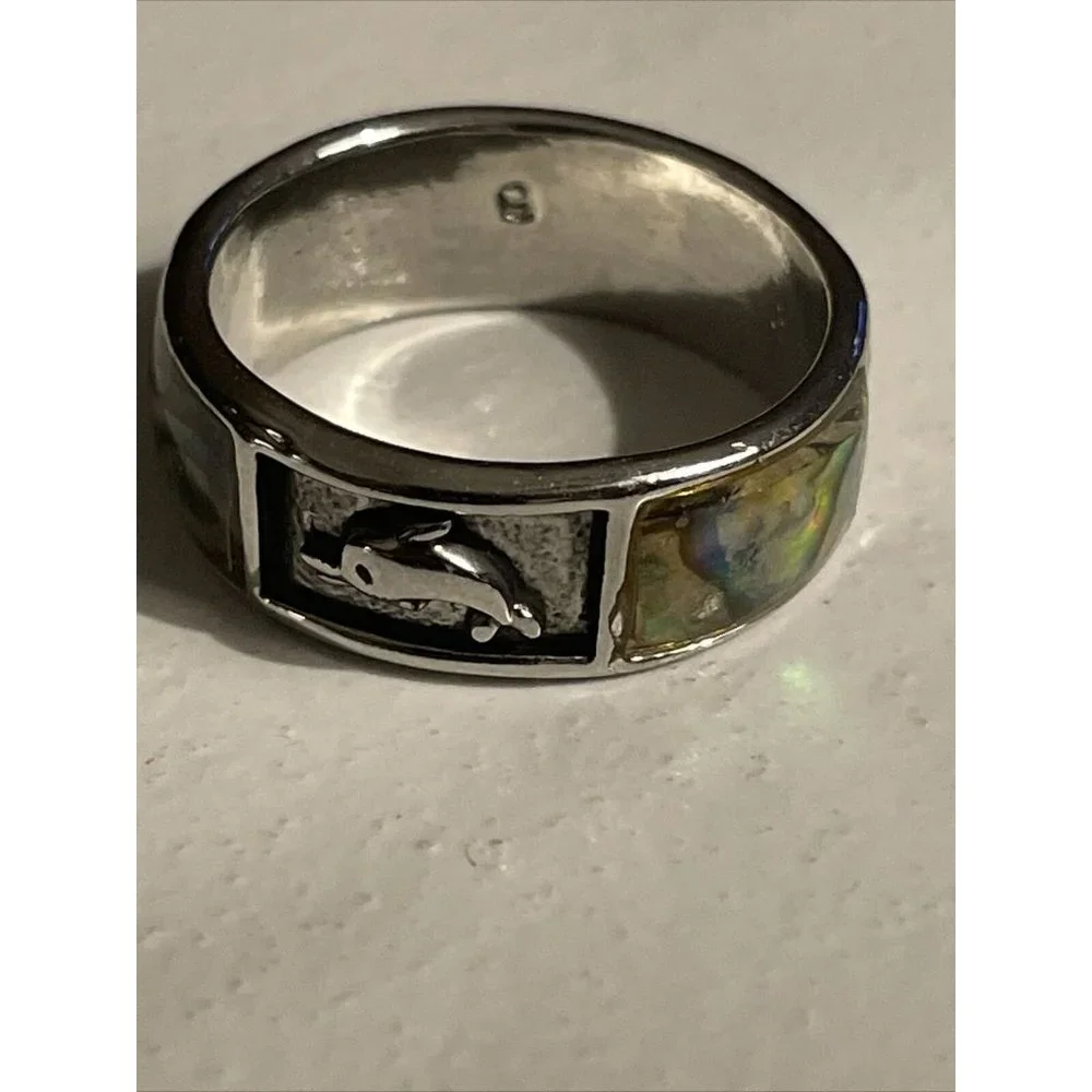 Abalone Shell Silver Tone Inlay Dolphin Ring‎ Band Size 9.5  Beach Vacation A122